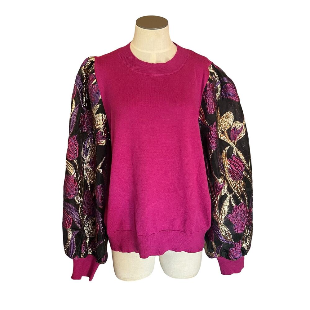 Boho Whimsigoth Balloon Sleeve Gold Metallic Floral JODIFL Knit Sweater Sz XL